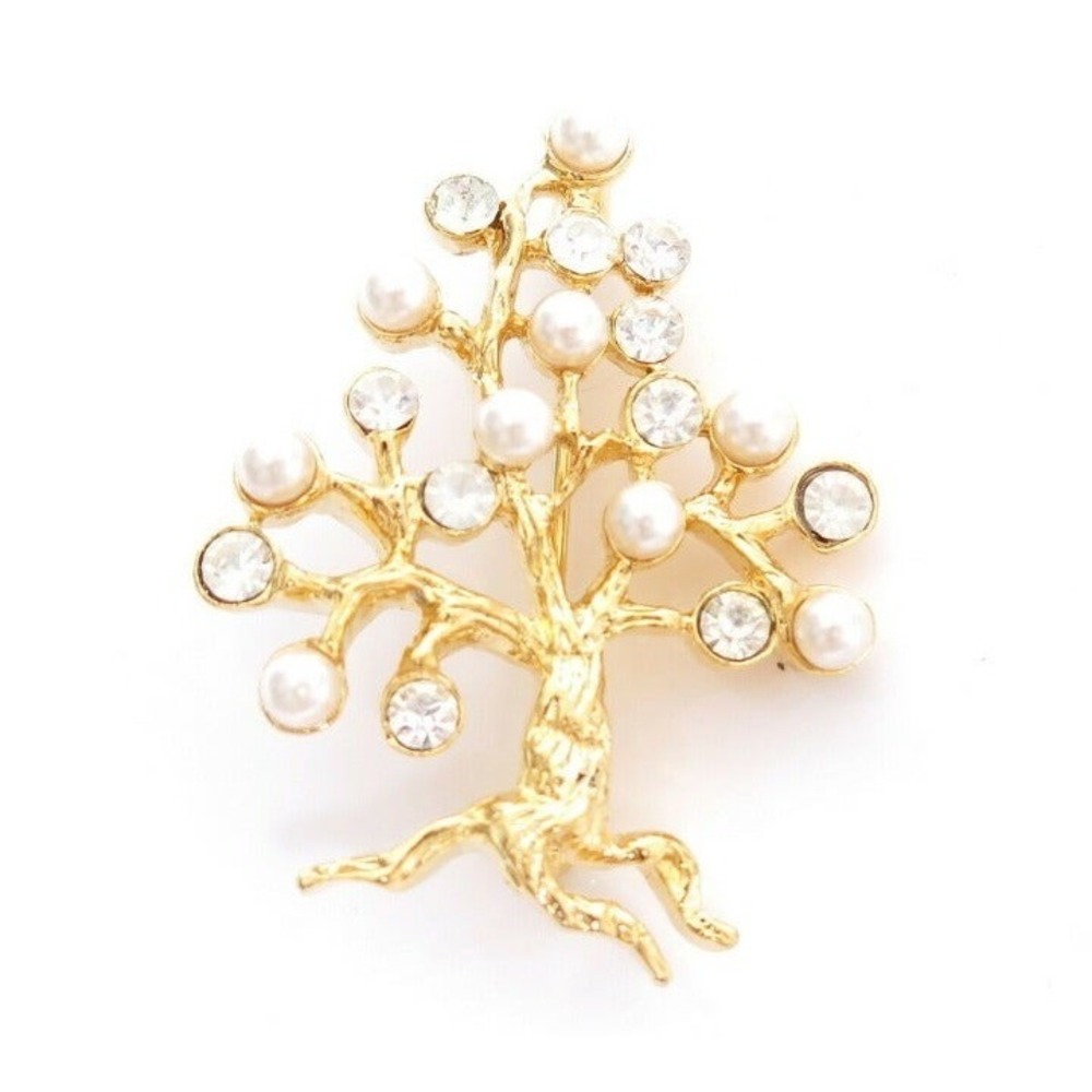Vintage Crystal Pearl Tree of Life Pin
